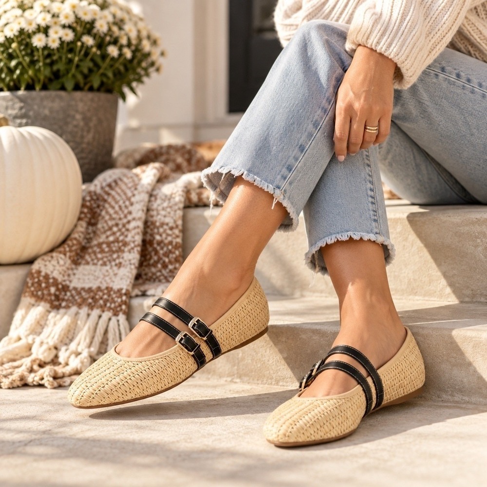 Universal Thread Henrietta Raffia Mary Jane Flats Beige Black Straps 8